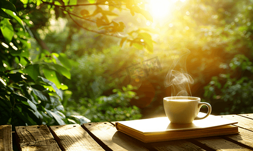 日出早晨花园里的热咖啡和木桌上的书