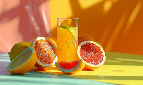 一杯果汁和柑橘类水果