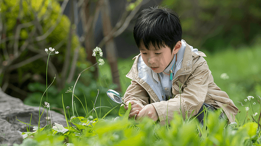 用放大镜观察植物的男孩11