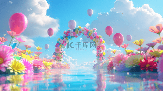 六一儿童节晚会背景图背景图片_六一水面上蓝粉色卡通3D花朵气球拱门设计