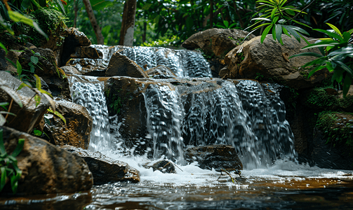 热带树木摄影照片_雨林中美丽的瀑布