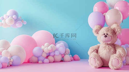 小熊小熊背景图片_六一儿童节蓝粉色玩偶小熊白云气球素材