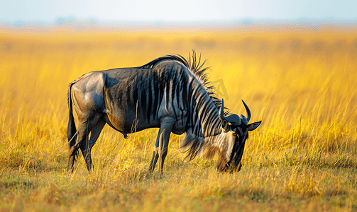 新年金牛送福摄影照片_蓝色角马或斑纹牛羚吃草