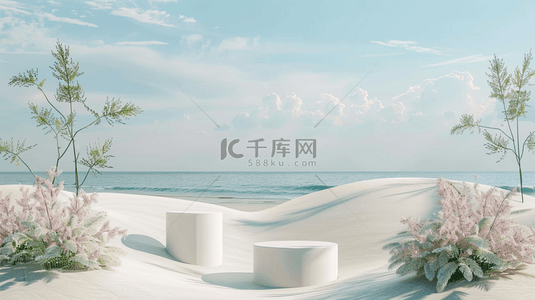 蓝色夏日白色沙滩上的电商圆展台背景素材
