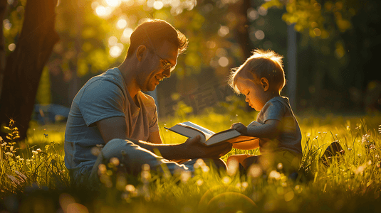 爸爸节日摄影照片_草坪上和爸爸一起看书的儿童5