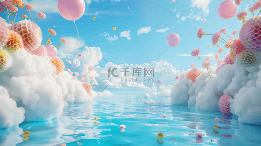 活动促销广告背景图片_六一水面上蓝粉色卡通3D花朵气球拱门背景
