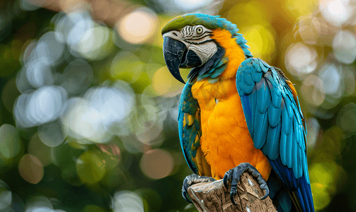 色彩缤纷的玻利维亚蓝色和金色金刚鹦鹉栖息在栖息处