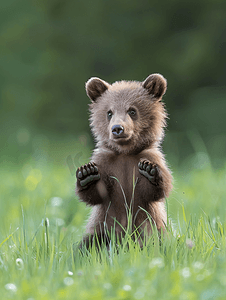 可爱棕熊摄影照片_野生棕熊幼崽在草地上玩耍