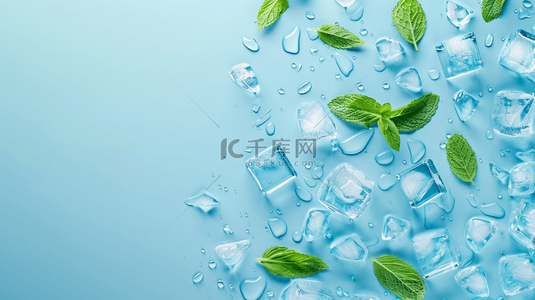 装胶囊透明瓶背景图片_清新夏日凉爽透明冰块和薄荷叶2素材