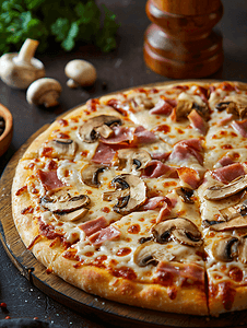 黄金榴莲披萨摄影照片_快餐厚面团上烤制的冷冻披萨配上火腿、蘑菇和奶酪即食