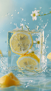 logo片头图片背景图片_夏日清新可爱冰块里的柠檬花朵图片