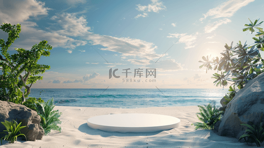 蓝色清凉夏日背景图片_蓝色夏日白色沙滩上的电商圆展台2素材
