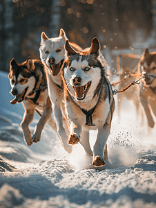 跑步冲刺摄影照片_冬季雪橇犬比赛