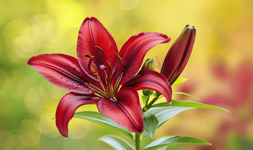 夏季美容摄影照片_夏季红色勃艮第百合花在花园中盛开