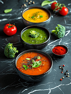 黑色大理石桌上的三色蔬菜汤西兰花番茄胡萝卜