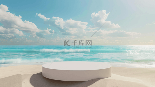 蓝色夏日白色沙滩上的电商圆展台图片