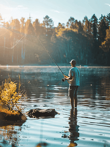 暑假生活摄影照片_年轻人在湖上用竿钓鱼旅行生活方式概念暑假