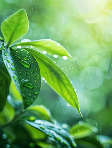 雨天背景与绿叶上的水滴