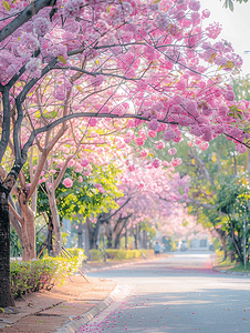 粉红kt板摄影照片_泰国曼谷公园里粉红喇叭树的花朵盛开