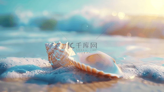 夏天的海边背景图片_夏日海景沙滩上的海水海螺素材