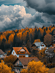 雨和云摄影照片_黄色森林和现代房屋上空的雨云