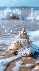夏日海景海滩波浪上的海螺素材