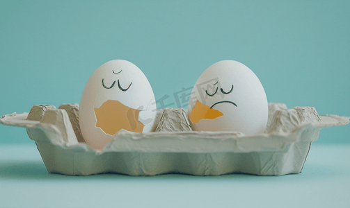 纸蛋托盘中有趣的鸡蛋和悲伤的破裂鸡蛋