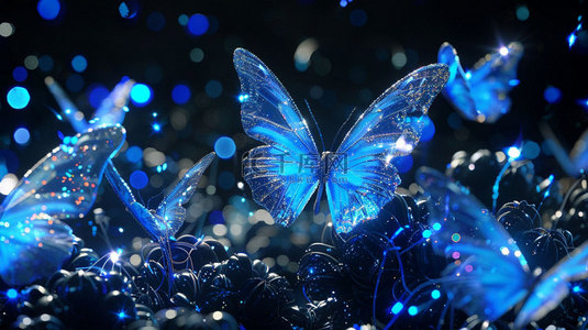 蝴蝶采蜜花背景图片_蓝色蝴蝶特写合成创意素材背景