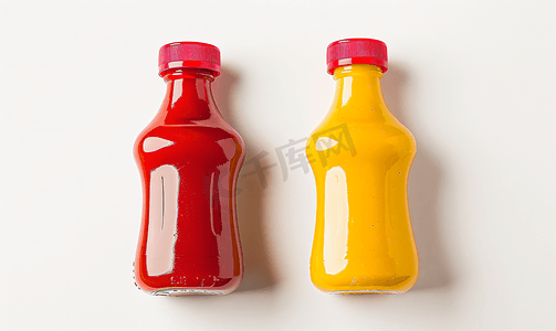 瓶身包装标签摄影照片_白色背景下孤立的番茄酱和芥末酱瓶