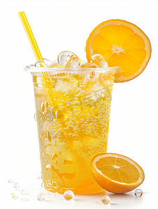 橙色清爽背景摄影照片_塑料杯白色背景中橙色的泥冰