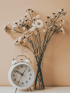 挂钟和棕色花瓶里的枯花