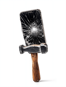 破碎的屏幕智能手机被白色背景剪切路径上隔离的锤子砸碎