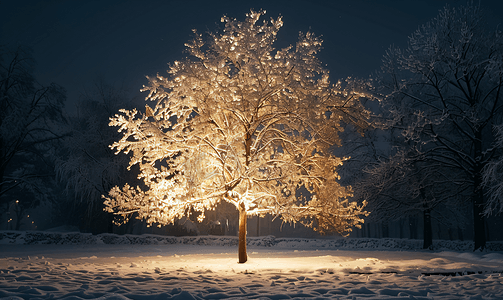 圣诞节的夜晚摄影照片_冬夜覆盖着新雪的树