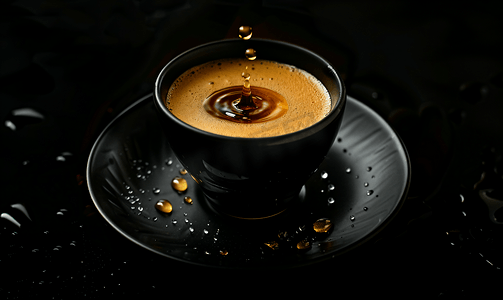 一杯咖啡黑色背景上有一滴