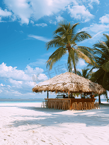 小马科斯照片摄影照片_科科斯海滩酒吧位于阳光明媚的海滩上有白色的沙滩和棕榈树