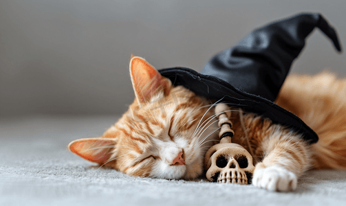 万圣节摄影照片_戴着女巫帽的睡猫灰色背景上有玩具骨架