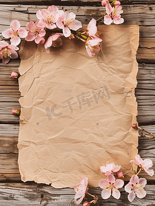 木质背景上的棕色纸和粉红色花朵