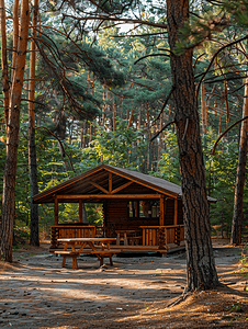 凉亭风景摄影照片_松树林中配备所有便利设施的木制露营凉亭