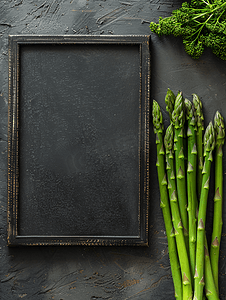 植物黑板摄影照片_带黑色黑板框的新鲜绿芦笋