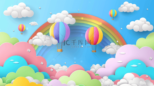 梦幻可爱粉色背景图片_蓝粉色六一儿童节卡通云朵彩虹热气球设计图