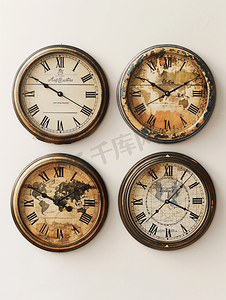 四个时区挂钟以复古设计显示世界不同时间