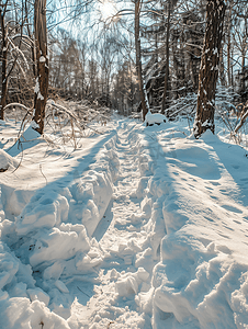 深林俯拍摄影照片_冬天森林深雪堆中的小径