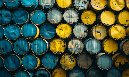 蓝色和黄色油桶或垂直堆叠的化学桶