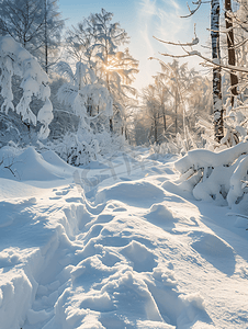 深林风景摄影照片_冬天森林深雪堆中的小径