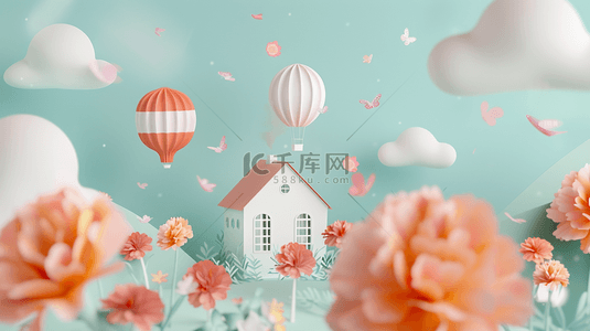 梦幻六一背景图片_六一粉色梦幻花朵热气球小木屋电商展台图片