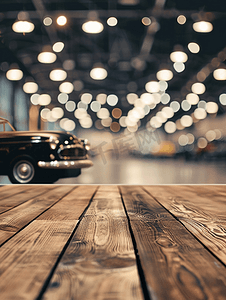 木板标题框摄影照片_空木板空间平台老式汽车陈列室背景模糊