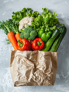 绿色购物摄影照片_工艺购物袋中的新鲜有机蔬菜