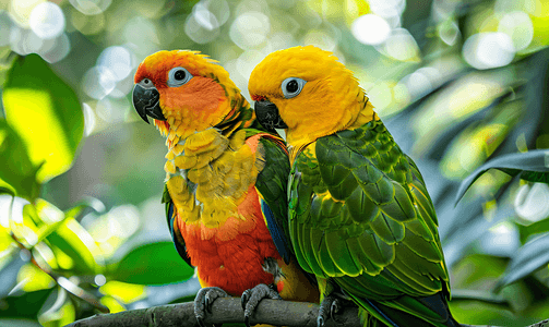 红色小五角星摄影照片_太阳角鹦鹉黄色和绿色鹦鹉被饲养