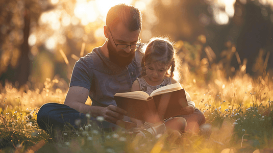 草坪上和爸爸一起看书的儿童4
