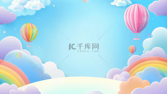 热气球儿童节背景图片_蓝粉色六一儿童节卡通云朵彩虹热气球设计图